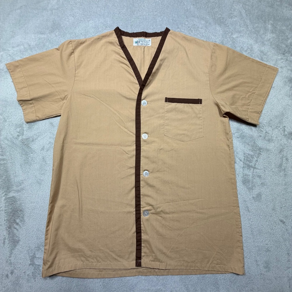 Vintage 70s Kmart Tan Brown Short Sleeve Button Up Shirt Size Large Cotton Blend